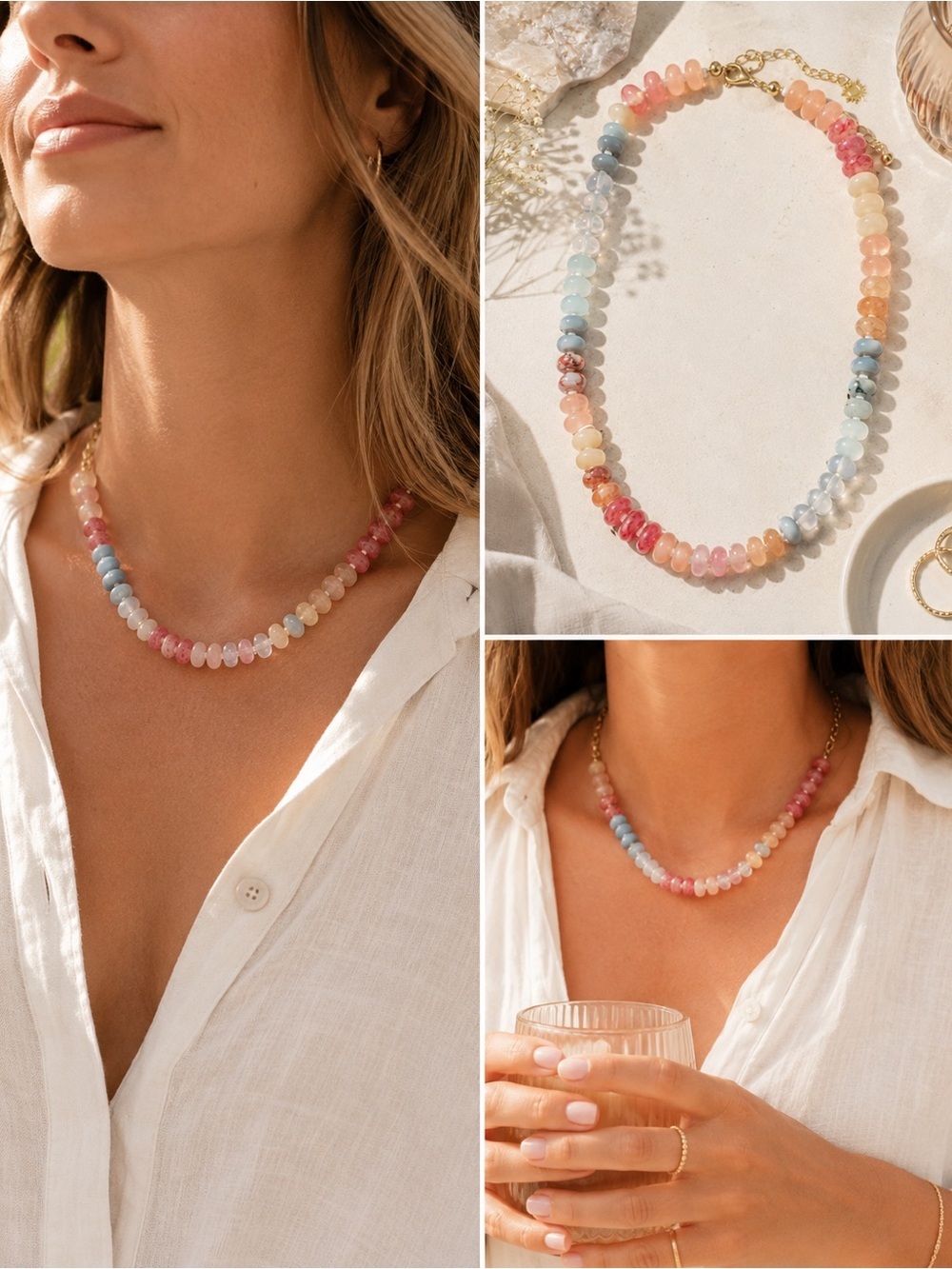 Piper K | Pastel Genuine Stone Beaded Choker Necklace ~ Gold Accent Coastal Boho